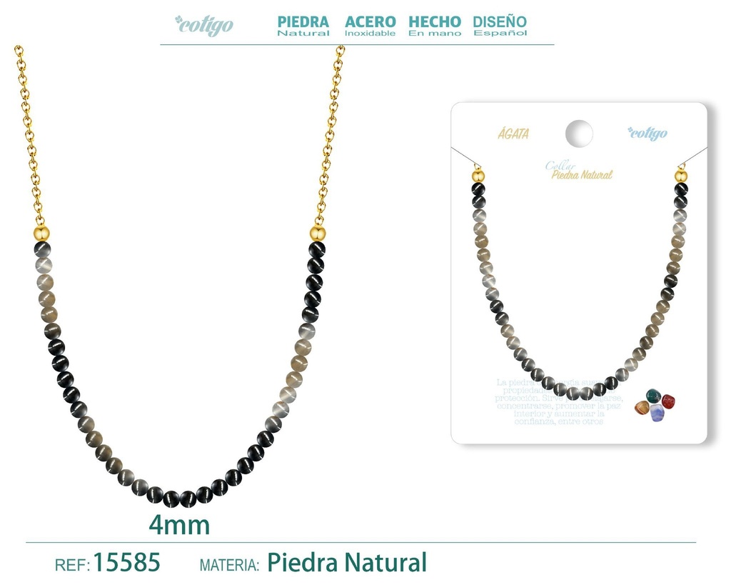 Collar de ágata 4 mm - Joyería de piedra natural y acero