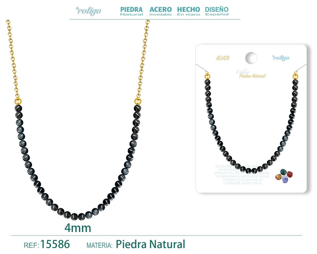 Collar de ágata 4 mm - Joyería de piedra natural y acero
