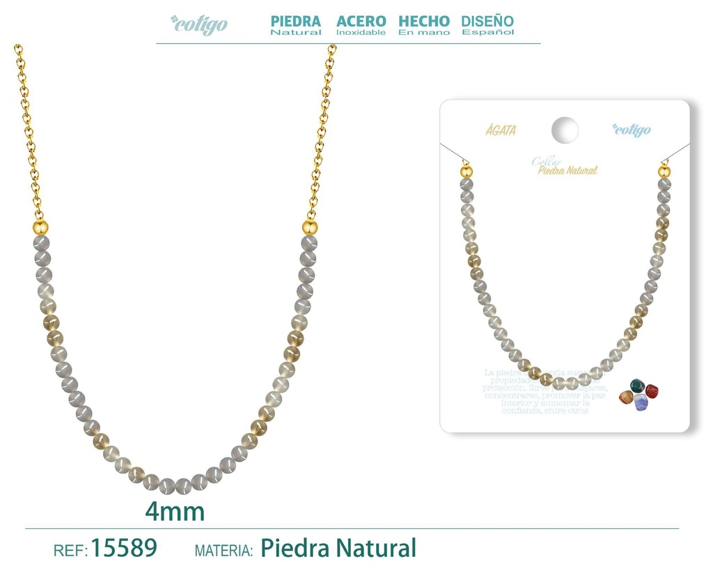Collar de ágata 4 mm - Joyería de piedra natural y acero