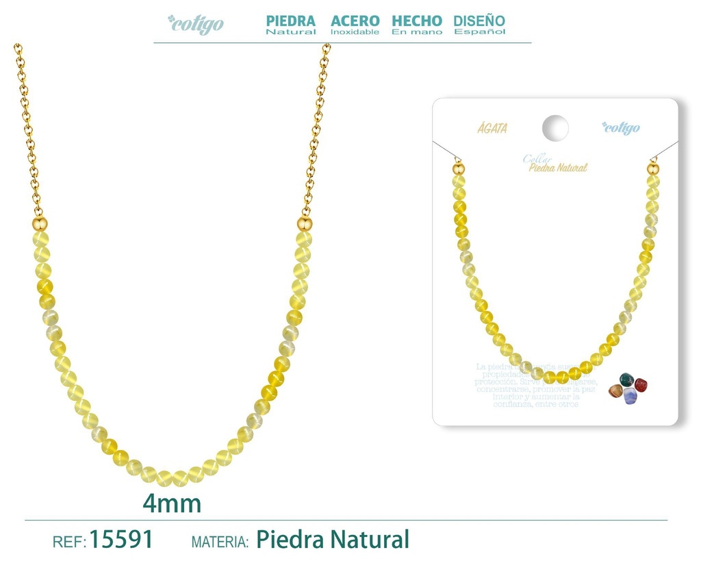 Collar de ágata 4 mm - Joyería de piedra natural y acero