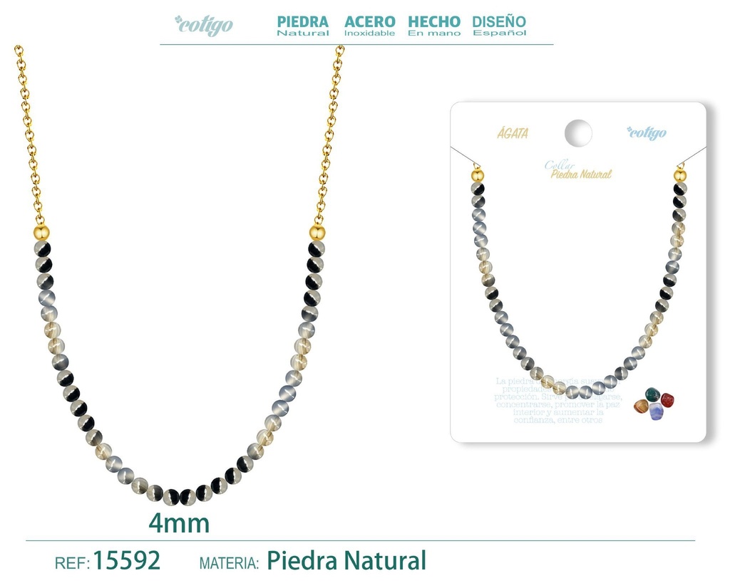 Collar de ágata 4 mm - Joyería de piedra natural y acero