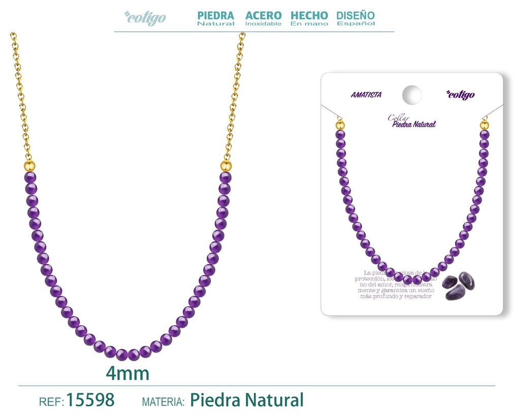 Collar de amatista 4 mm - Joyería de piedra natural y acero