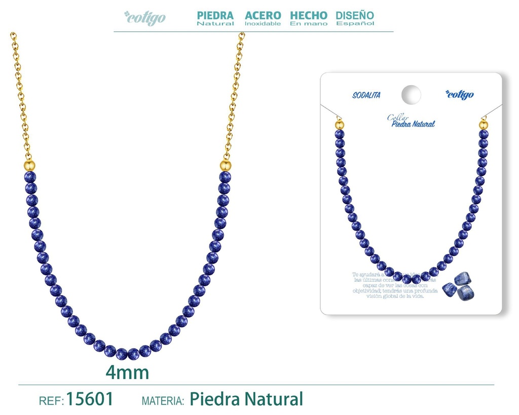 Collar de sodalita 4 mm - Joyería de piedra natural y acero