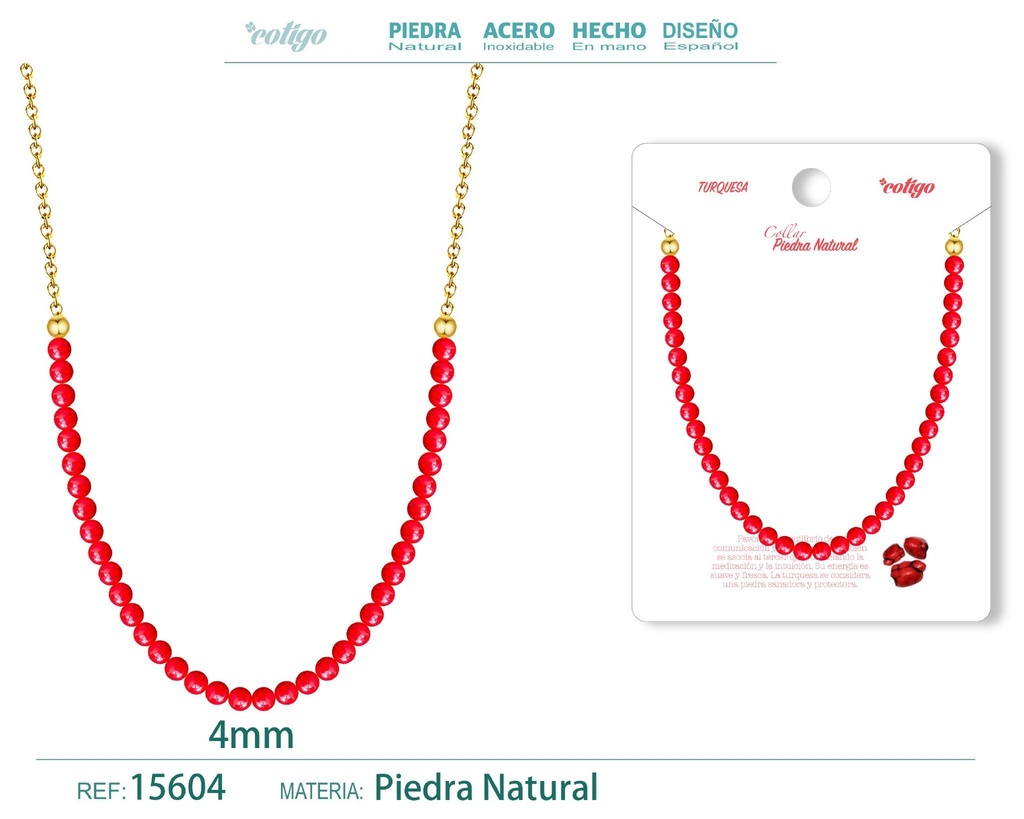 Collar de turquesa rojo 4 mm - Joyería de piedra natural y acero
