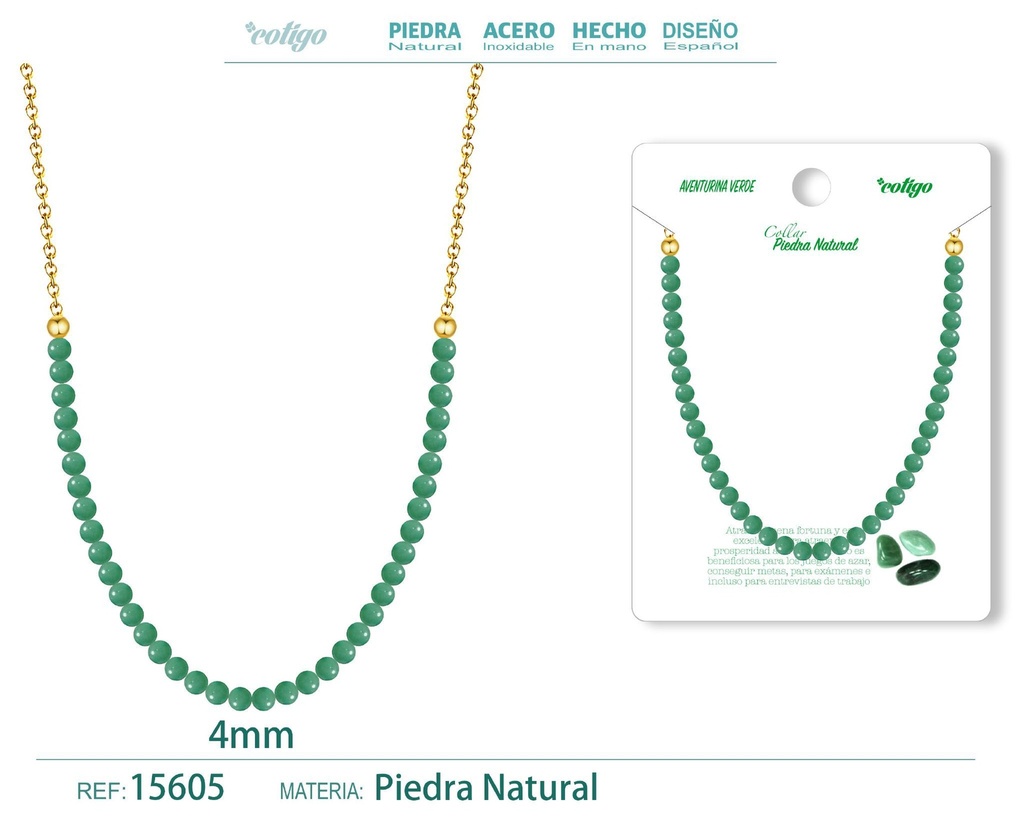 Collar de aventurina verde 4 mm - Joyería de piedra natural y acero