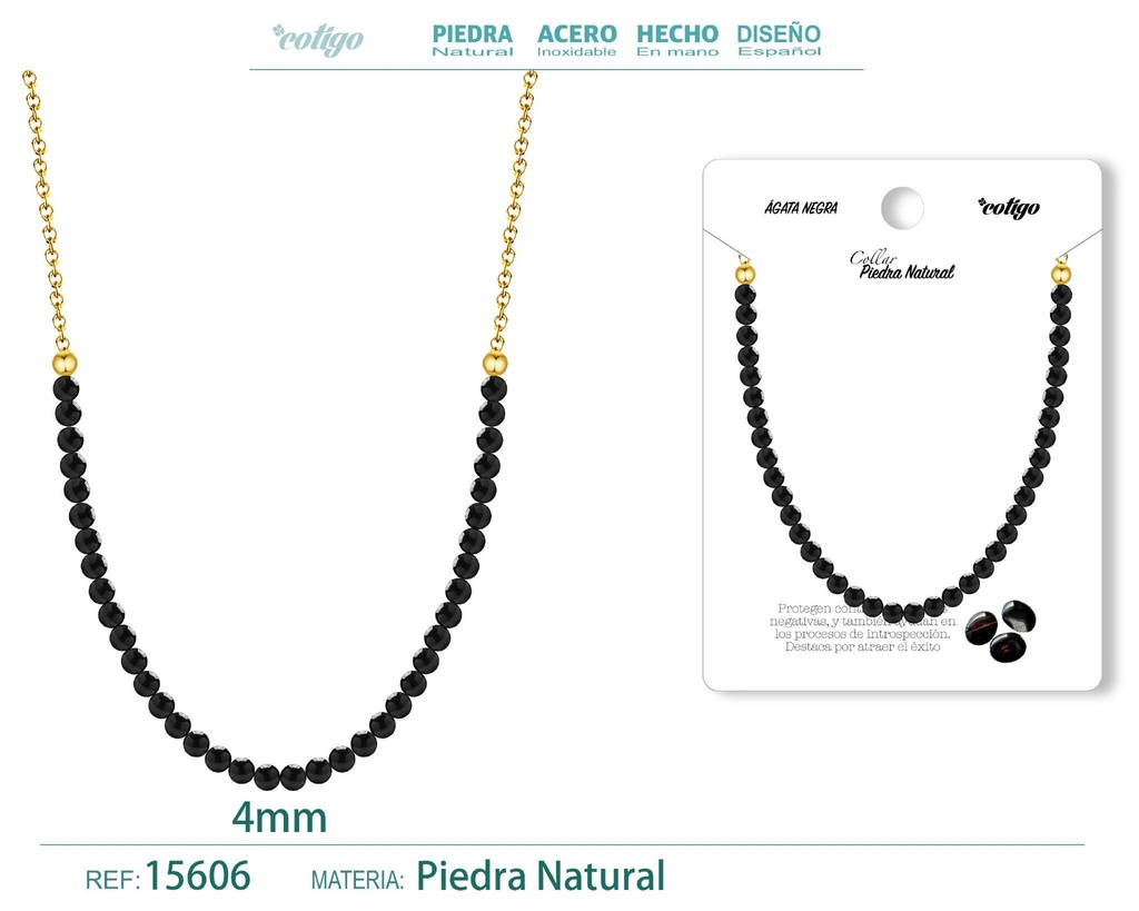 Collar de ágata negra 4 mm - Joyería de piedra natural y acero
