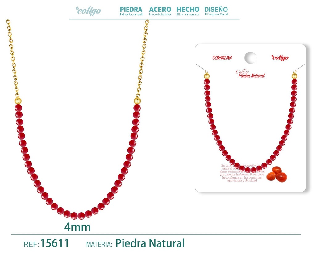 Collar de cornalina 4 mm - Joyería de piedra natural y acero