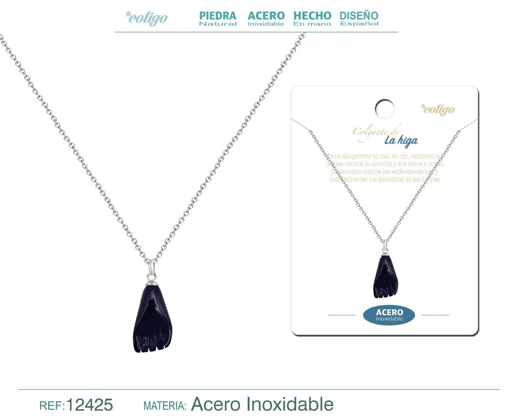 Collar de acero inoxidable con colgante mano higa negra - Joyería de protección y espiritual