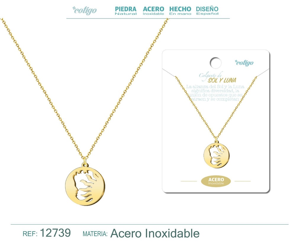 Colgante sol y luna de acero color dorado - Joyería de acero y simbolismo