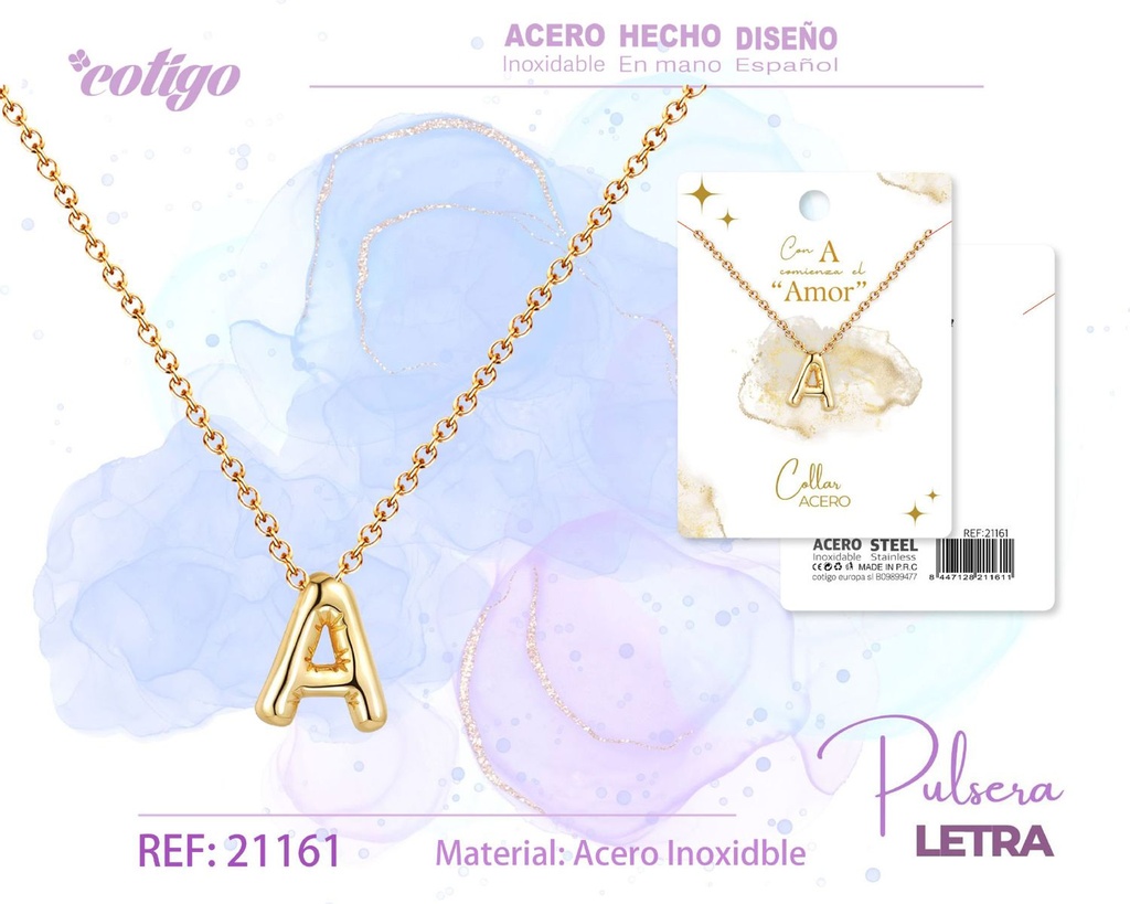 Collar con letra A en acero dorado - Joyería moderna