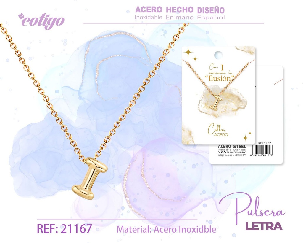 Collar con letra I en acero dorado - Joyería moderna