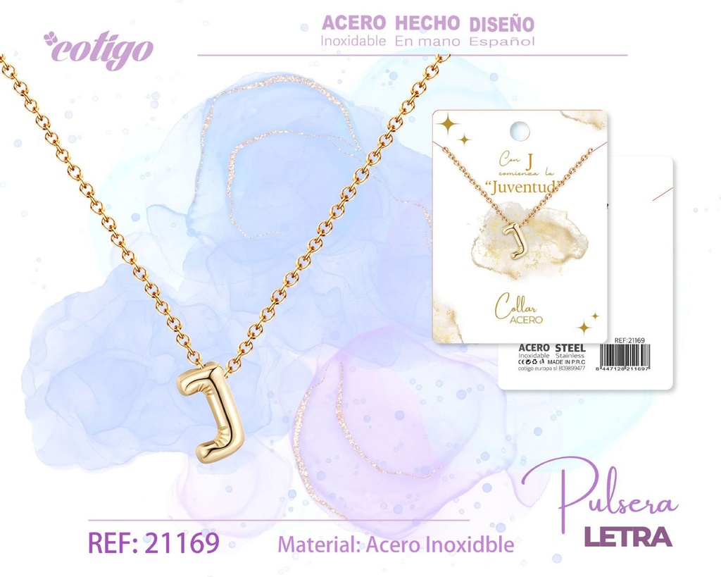 Collar con letra J en acero dorado - Joyería moderna