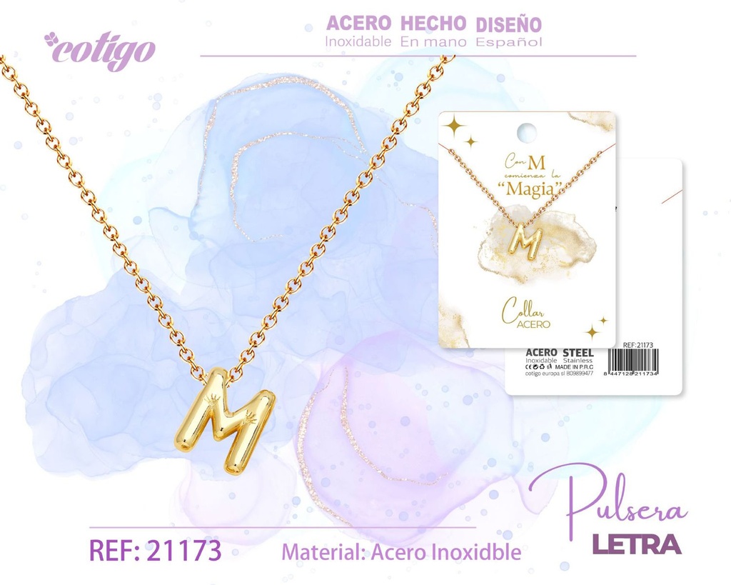 Collar con letra M en acero dorado - Joyería moderna