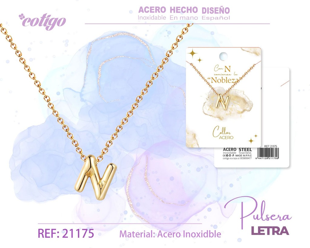 Collar con letra N en acero dorado - Joyería moderna