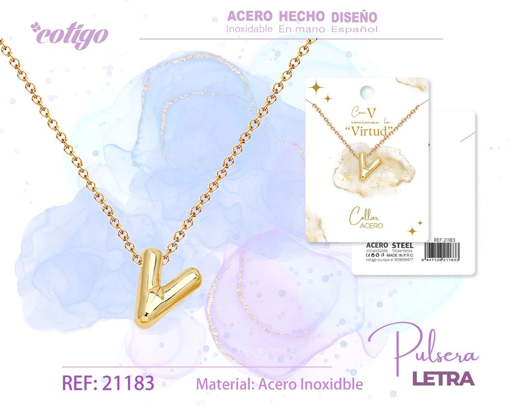 Collar con letra V en acero dorado - Joyería moderna