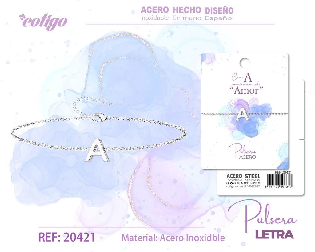 Pulsera con letra A en color plateado - Joyería de moda