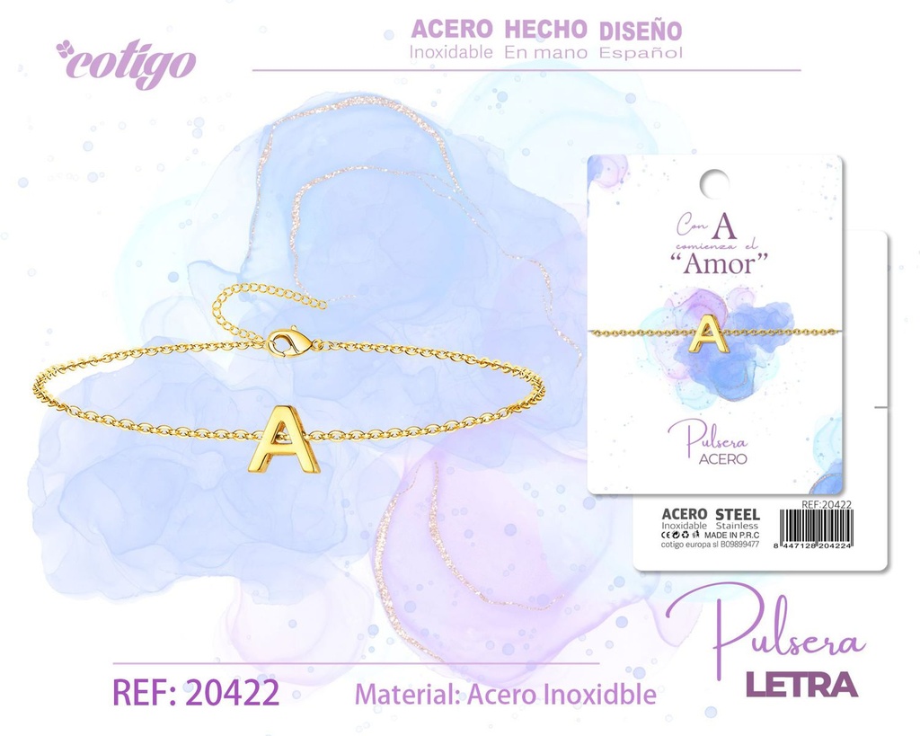 Pulsera con letra A en color dorado - Joyería de moda
