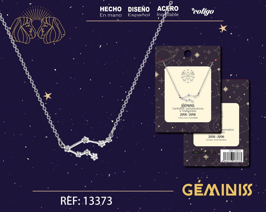 Collar mapa estelar del zodiaco Géminis plateado con strass - Joyería zodiacal