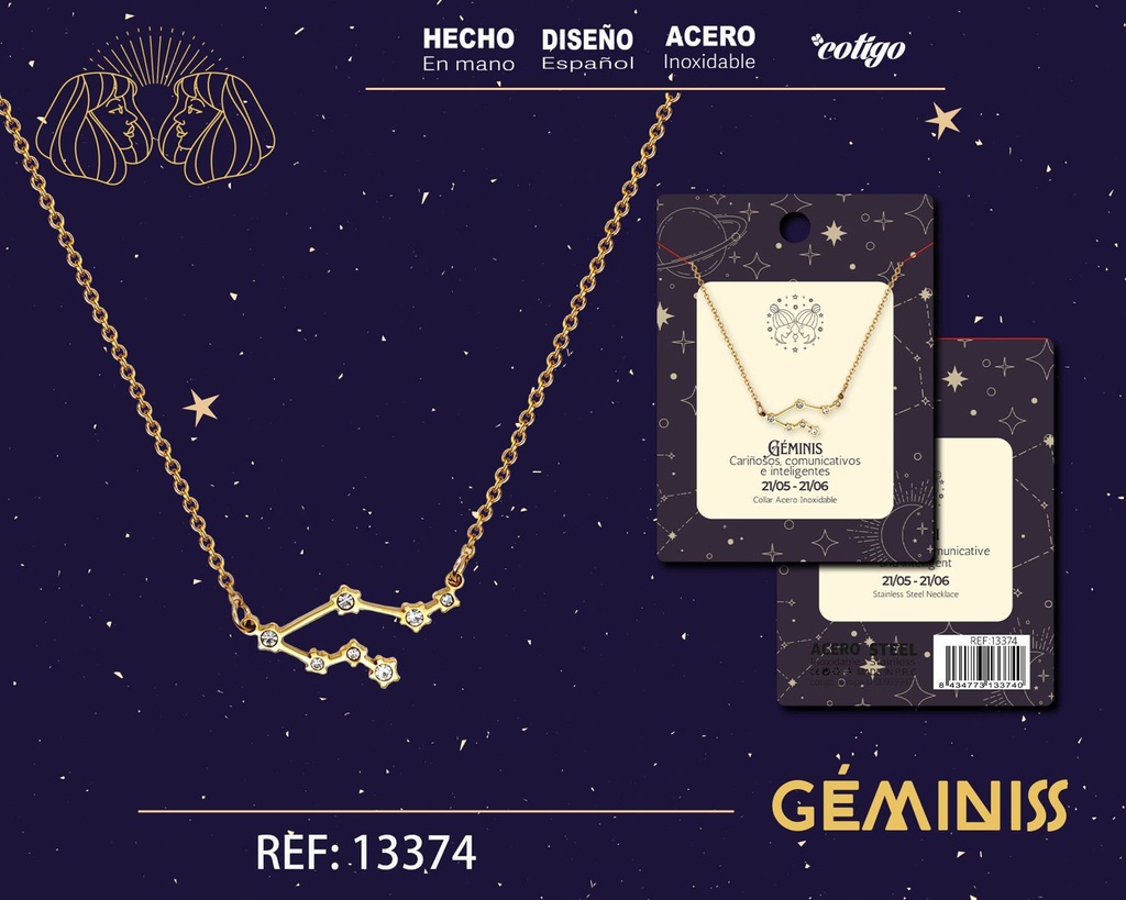 Collar mapa estelar del zodiaco Géminis dorado con strass - Joyería zodiacal