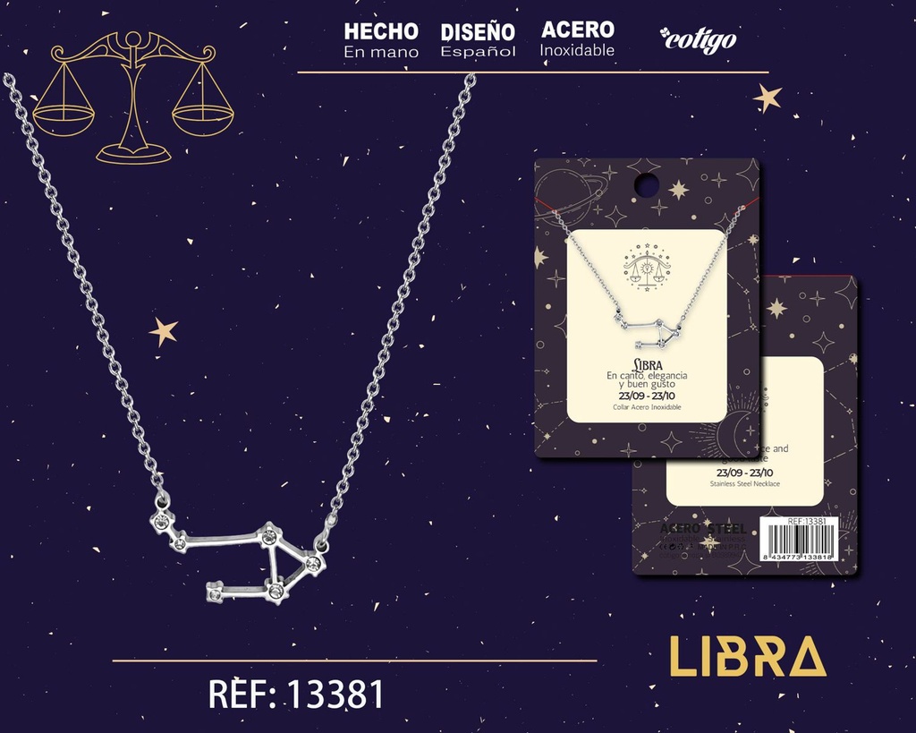 Collar mapa estelar del zodiaco Libra plateado con strass - Joyería zodiacal