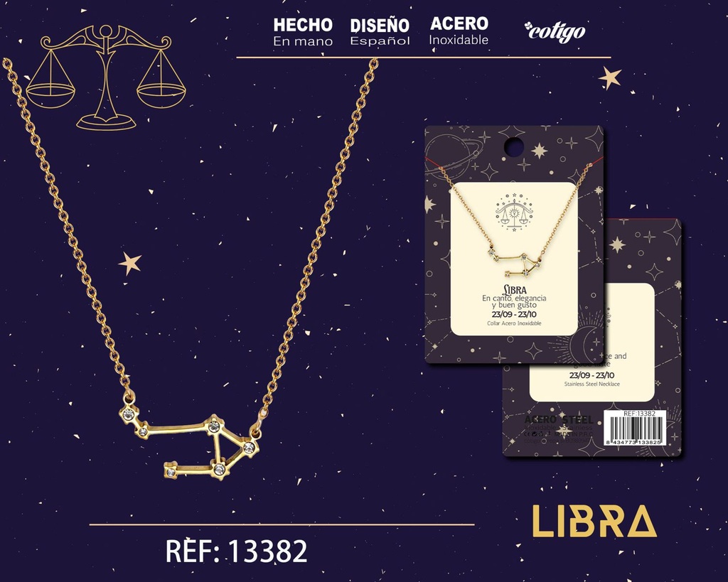 Collar mapa estelar del zodiaco Libra dorado con strass - Joyería zodiacal