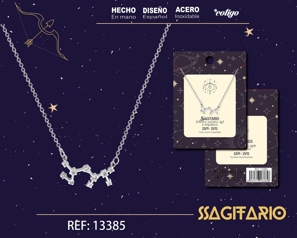 Collar mapa estelar del zodiaco Sagitario plateado con strass - Joyería zodiacal