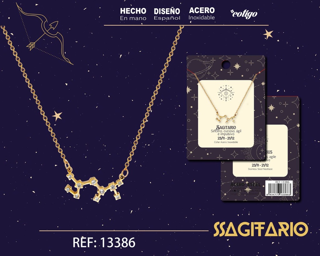 Collar mapa estelar del zodiaco Sagitario dorado con strass - Joyería zodiacal