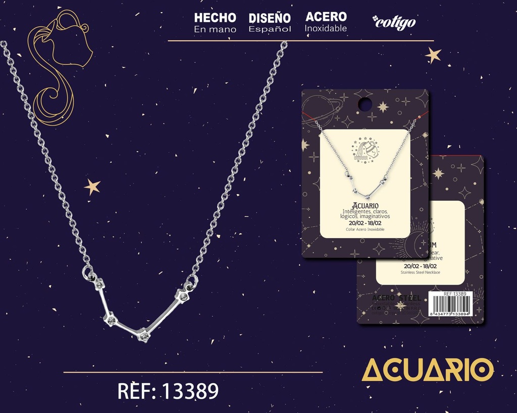 Collar mapa estelar del zodiaco Acuario plateado con strass - Joyería zodiacal