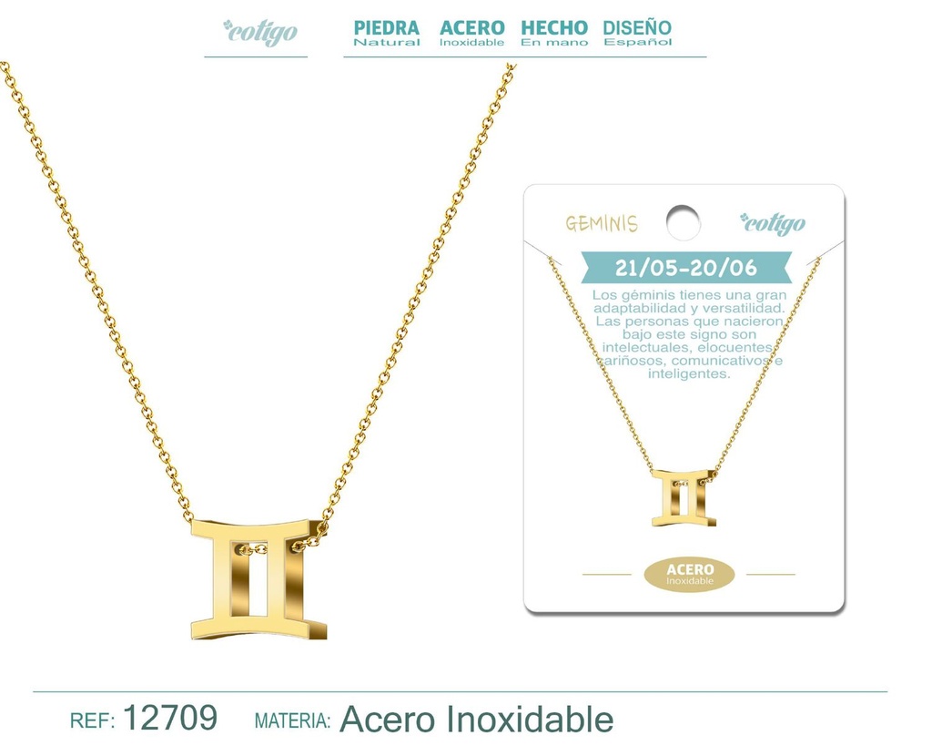 Collar de acero con zodiaco Géminis color dorado - Joyería zodiacal