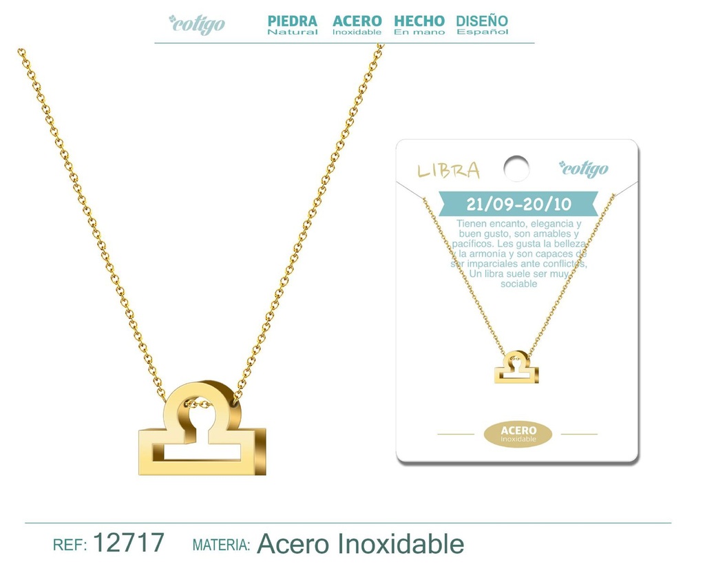 Collar de acero con zodiaco Libra color dorado - Joyería zodiacal