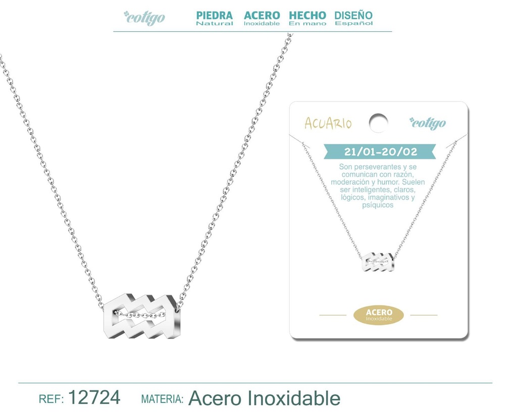 Collar de acero con zodiaco Acuario color plateado - Joyería zodiacal