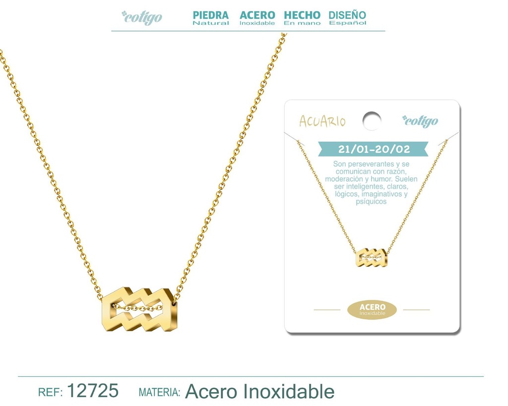 Collar de acero con zodiaco Acuario color dorado - Joyería zodiacal