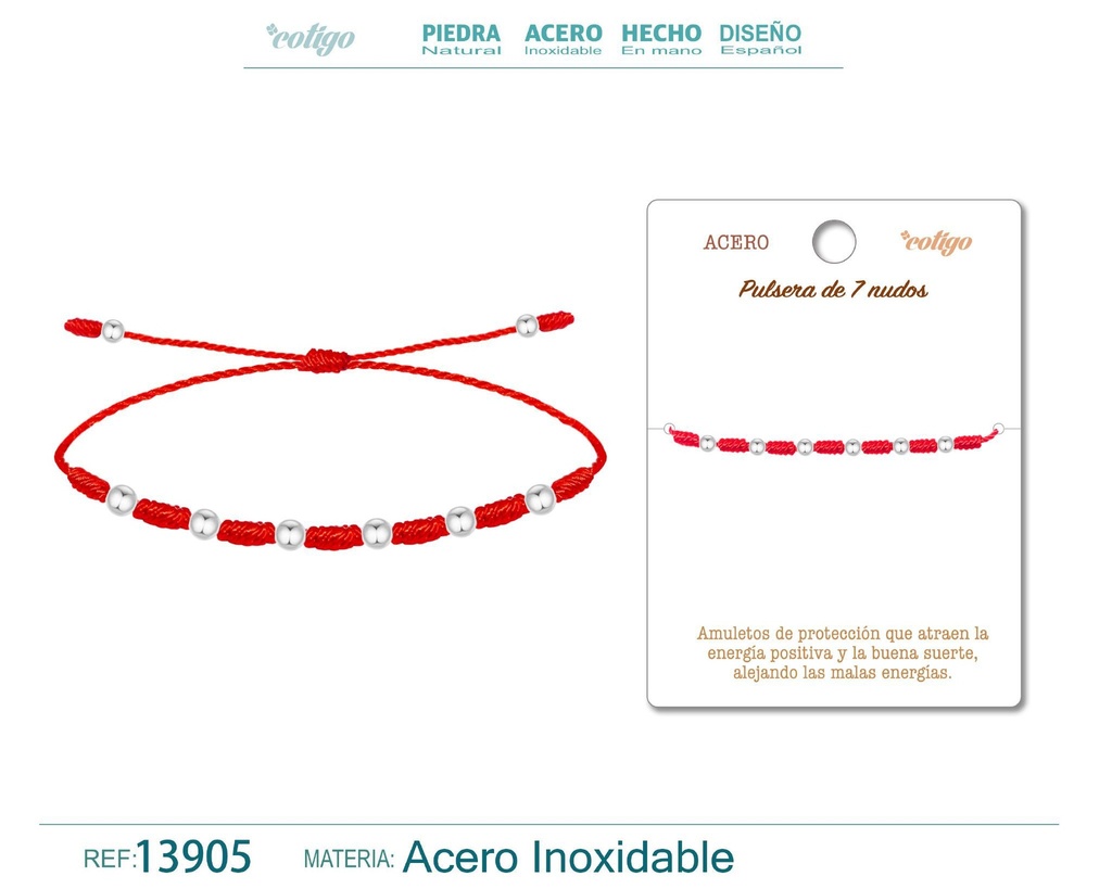 Pulsera de 7 nudos con bola de 4mm en acero plateado - Joyería y accesorios