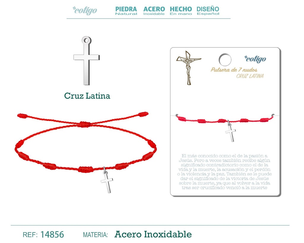 Pulsera de 7 nudos con cruz en acero plateado - Joyería y accesorios