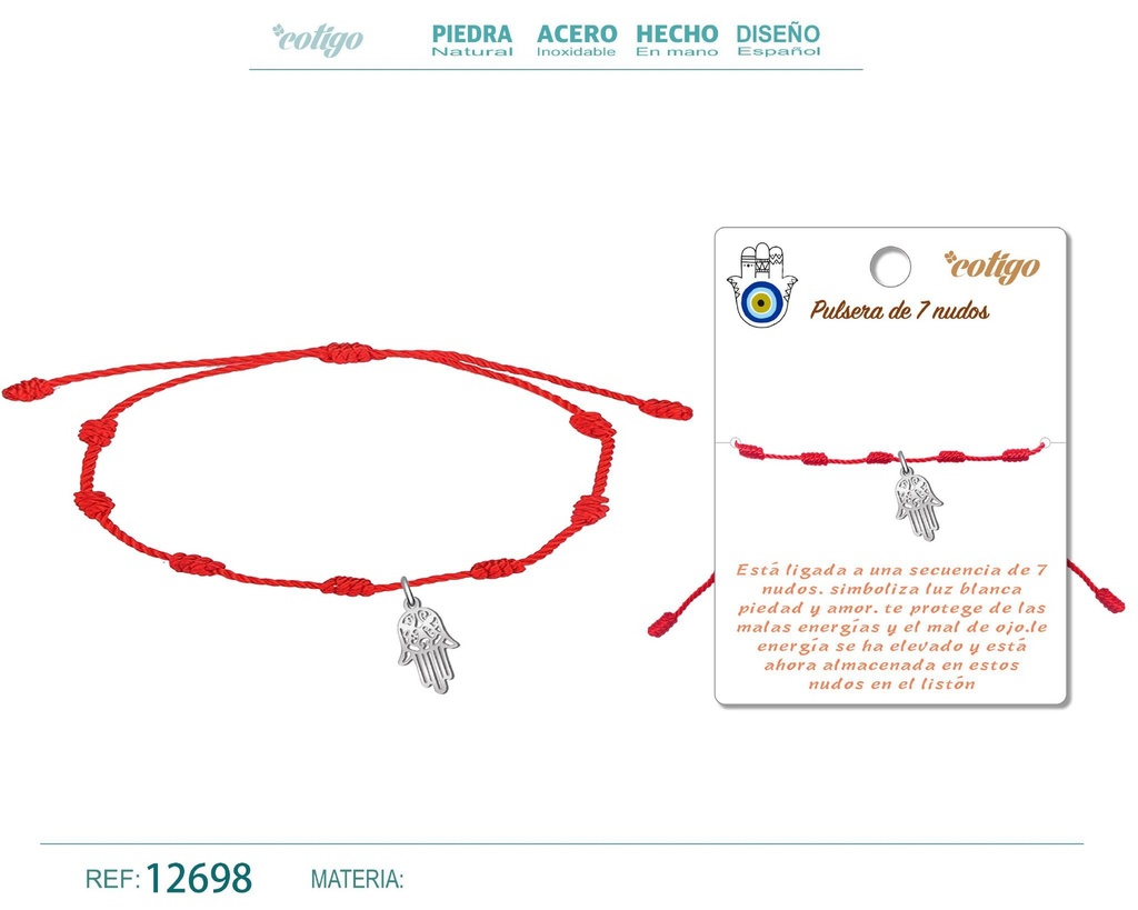 Pulsera de 7 nudos con mano de Fátima en acero plateado - Joyería y accesorios