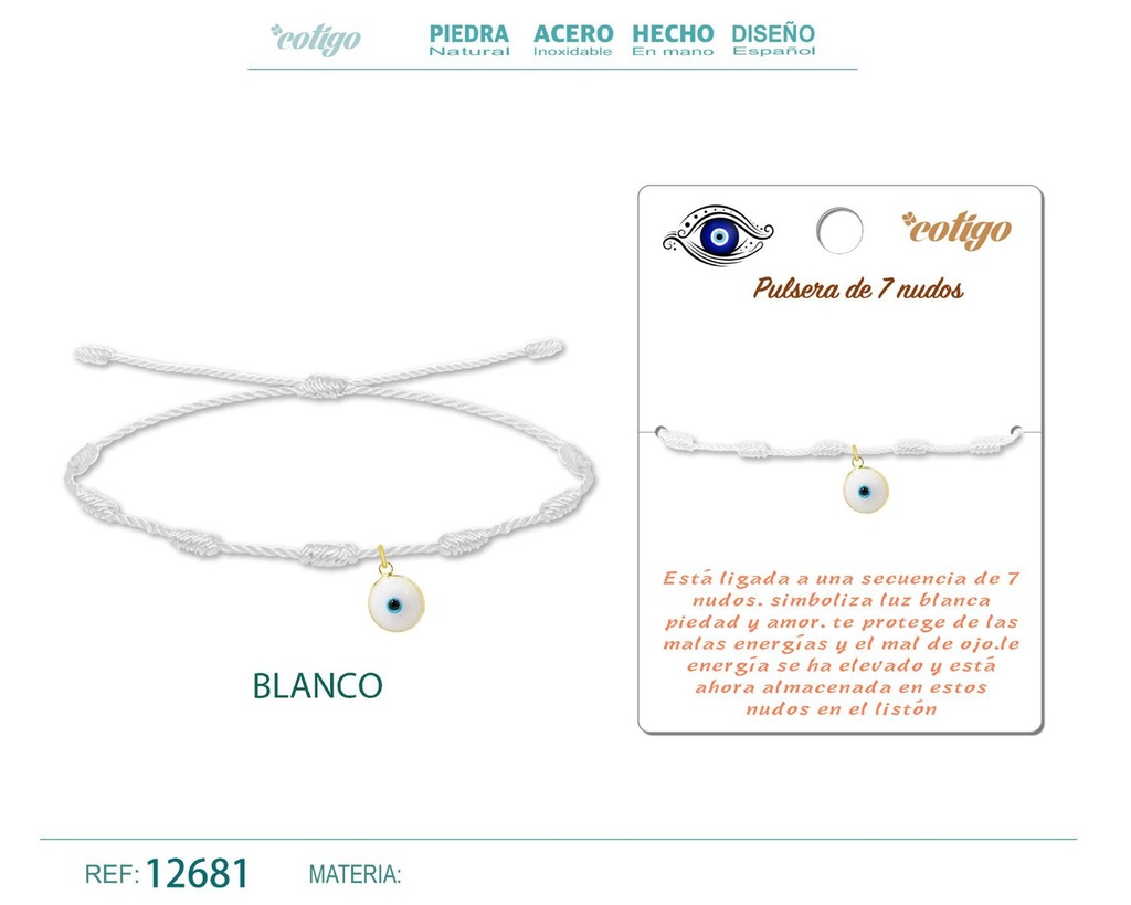 Pulsera 7 nudos blanca con colgante de ojo turco - Pulsera de nudos