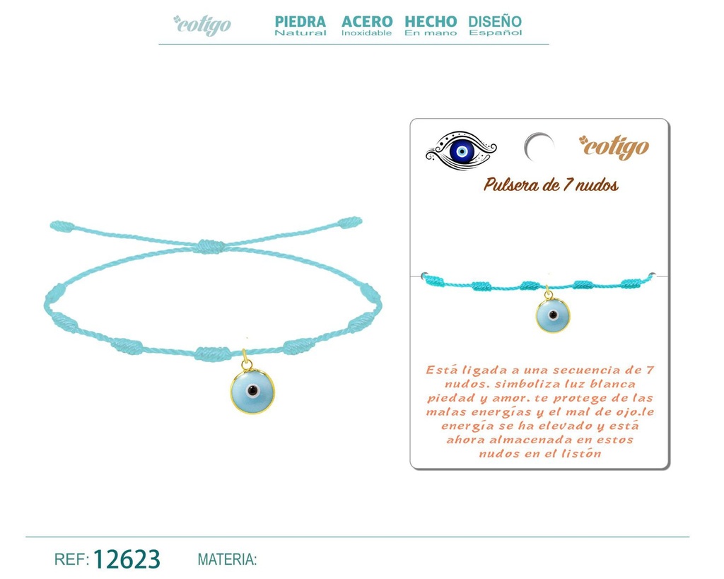 Pulsera 7 nudos azul con colgante de ojo turco - Pulsera de nudos