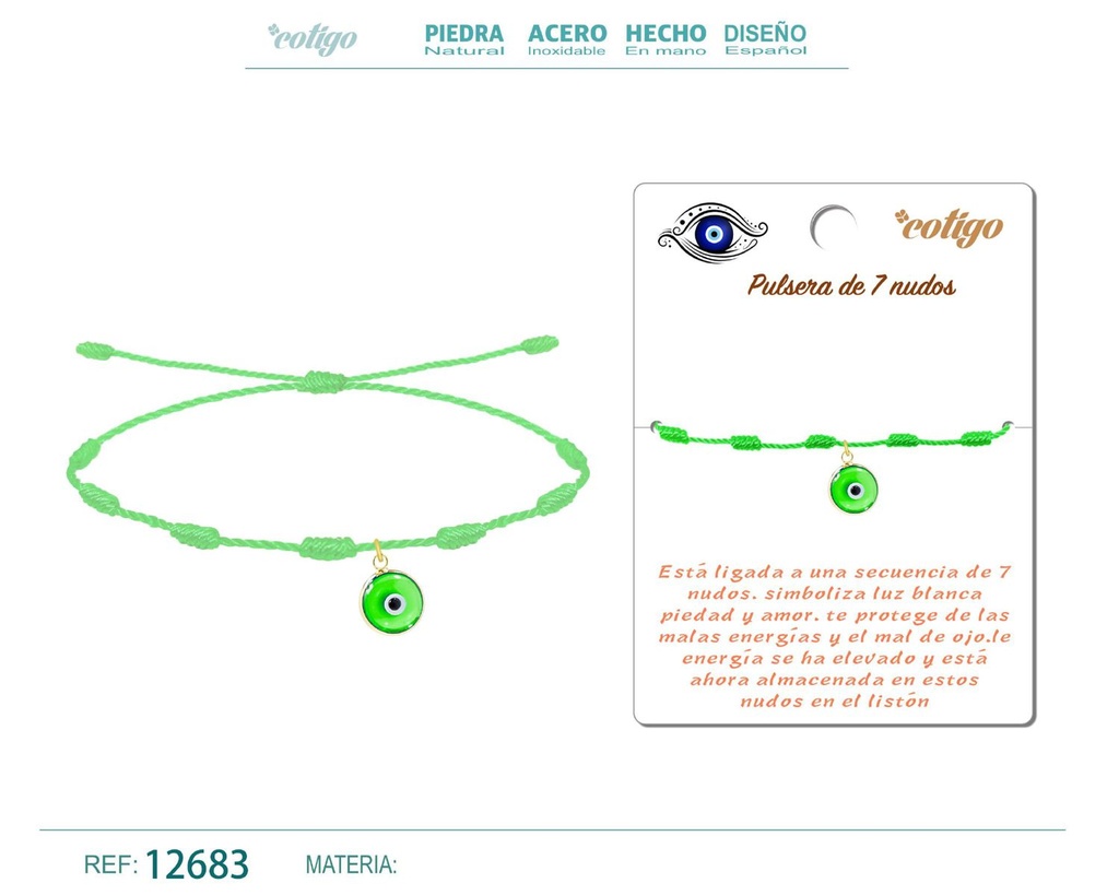 Pulsera 7 nudos verde con colgante de ojo turco - Pulsera de nudos