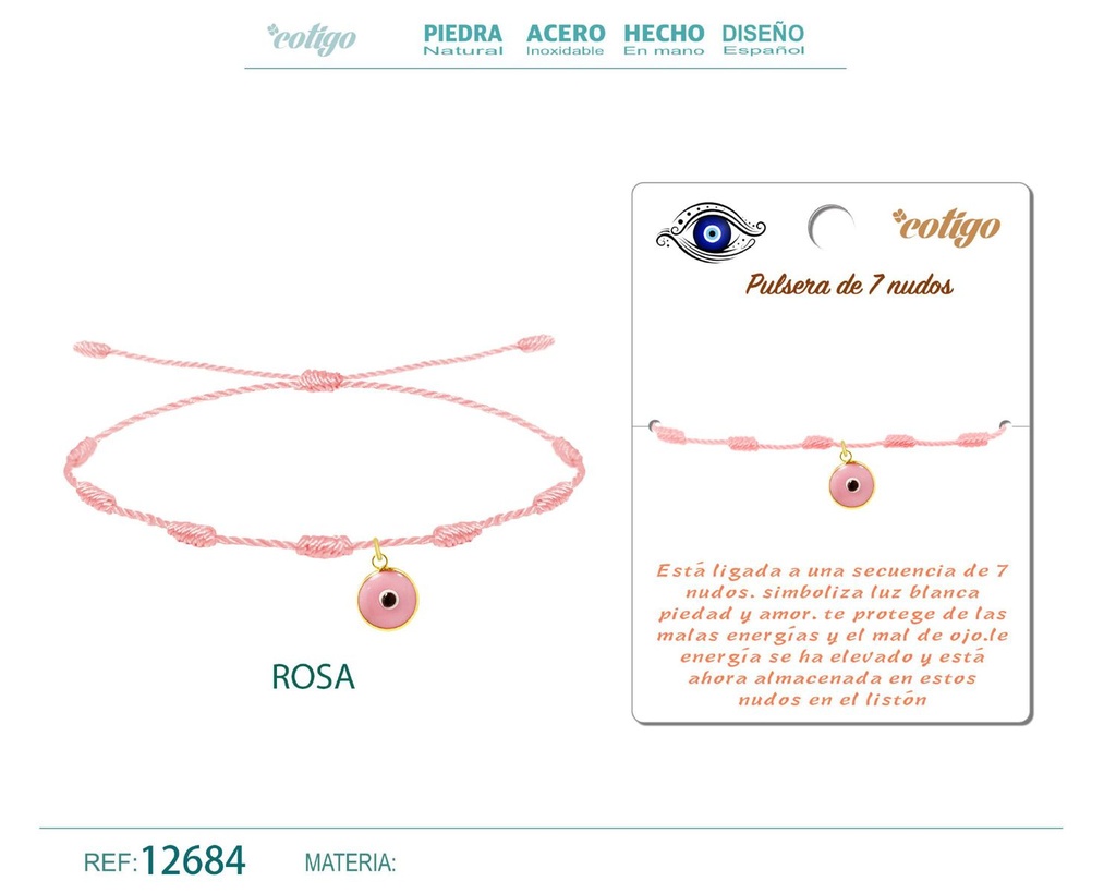 Pulsera 7 nudos rosa con colgante de ojo turco - Pulsera de nudos