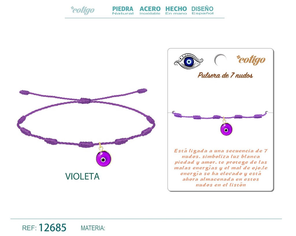 Pulsera 7 nudos violeta con colgante de ojo turco - Pulsera de nudos