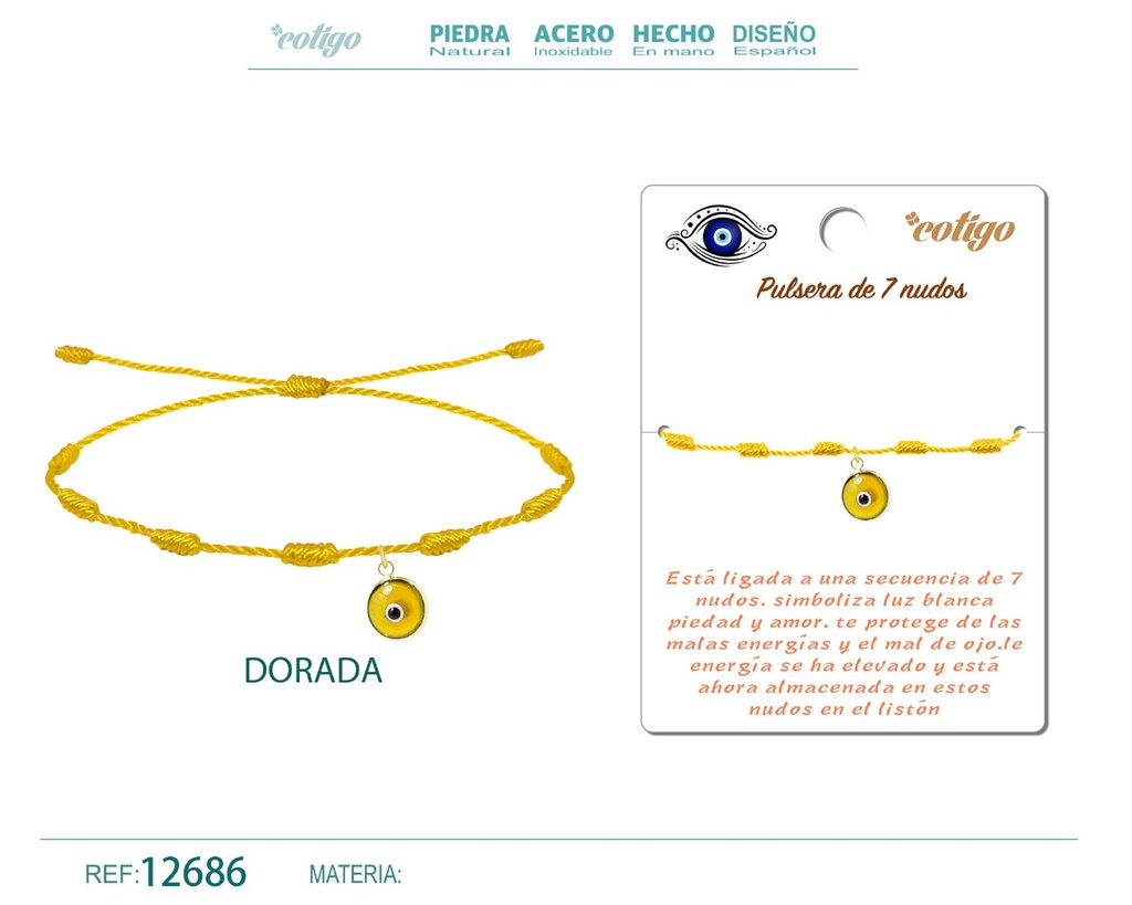 Pulsera 7 nudos dorada con colgante de ojo turco - Pulsera de nudos