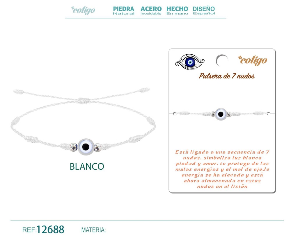 Pulsera 7 nudos blanca con ojo turco - Pulsera de nudos