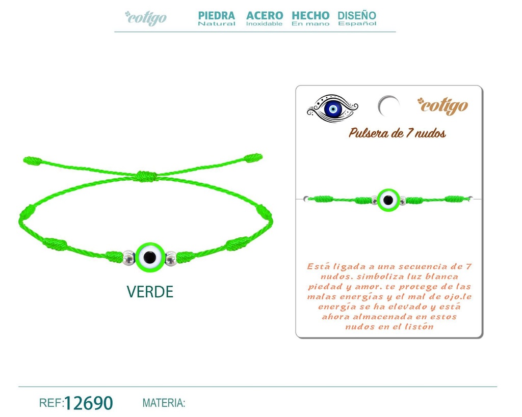 Pulsera 7 nudos verde con ojo turco - Pulsera de nudos