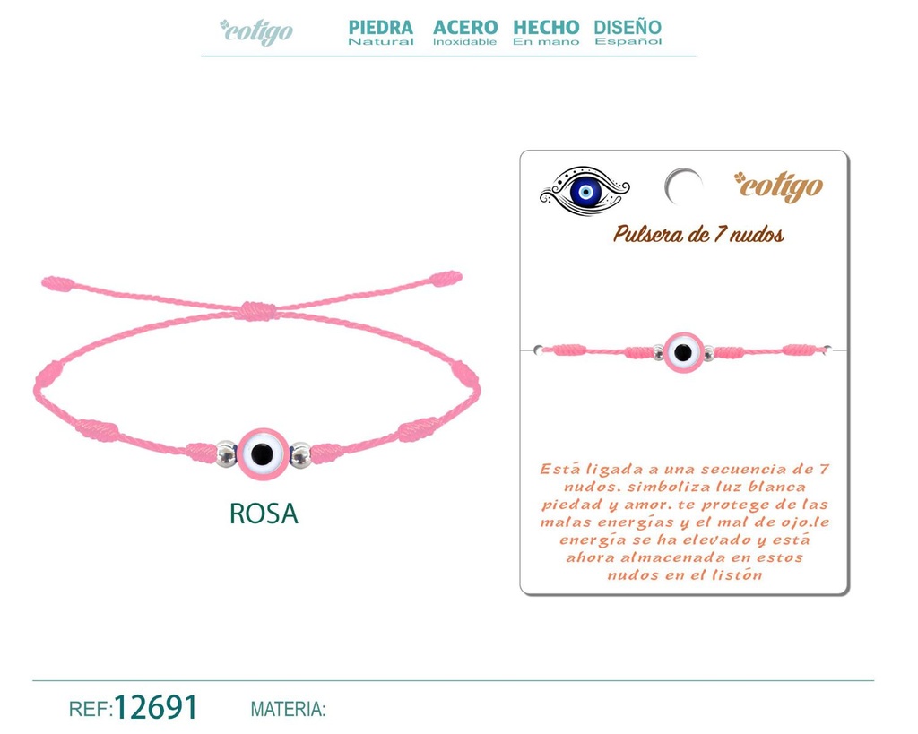 Pulsera 7 nudos rosa con ojo turco - Pulsera de nudos