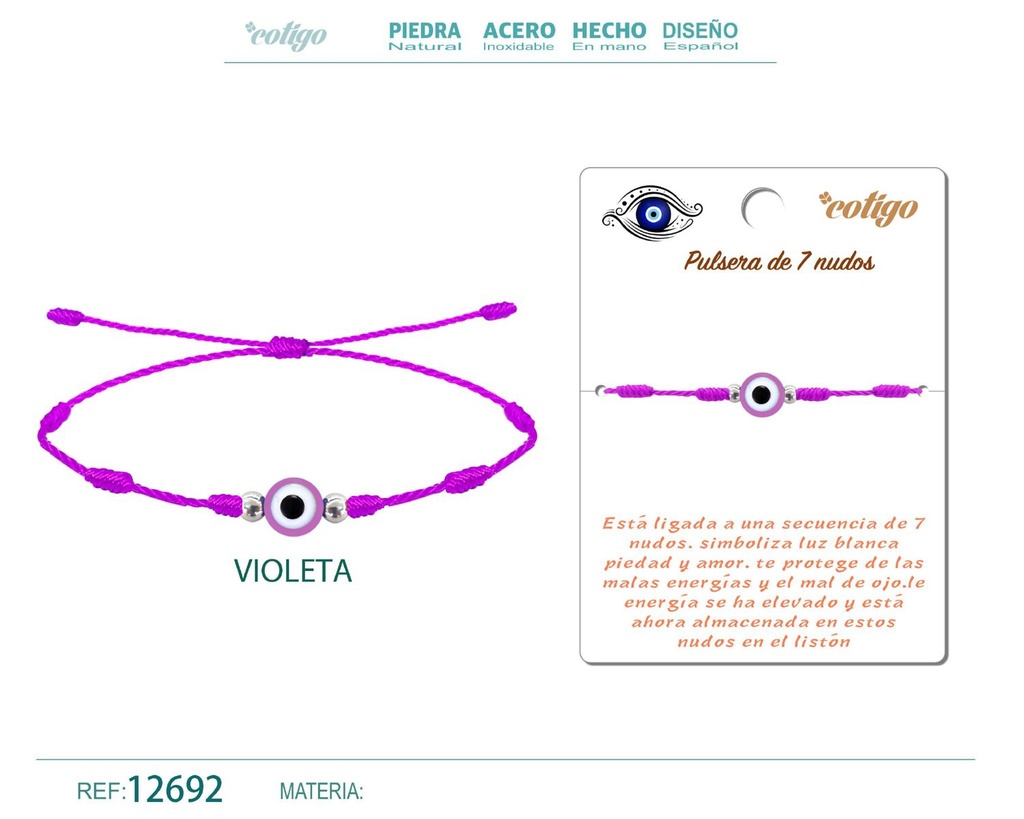 Pulsera 7 nudos violeta con ojo turco - Pulsera de nudos