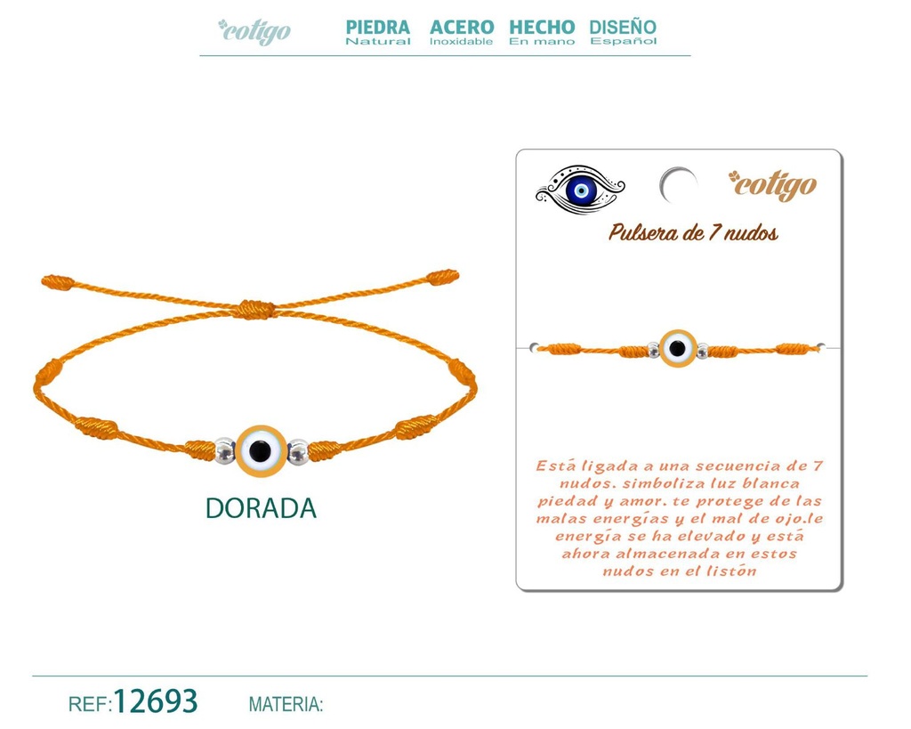 Pulsera 7 nudos dorada con ojo turco - Pulsera de nudos