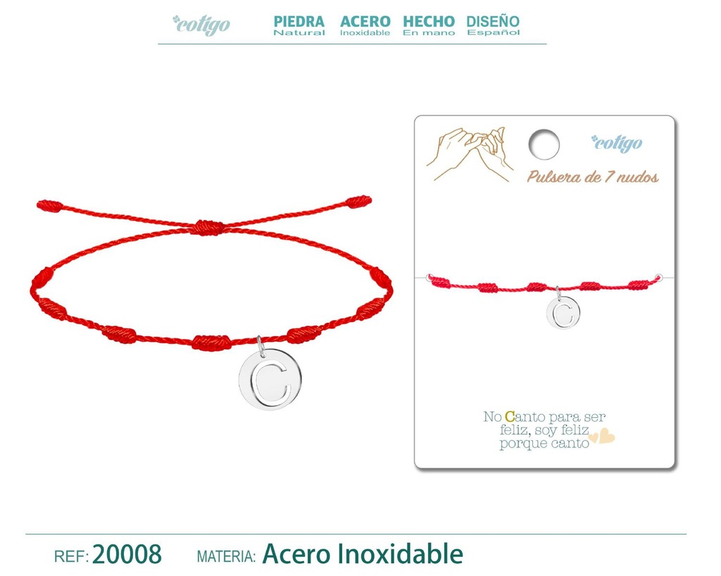 Pulsera 7 nudos con letra C color plateado - Pulsera de nudos