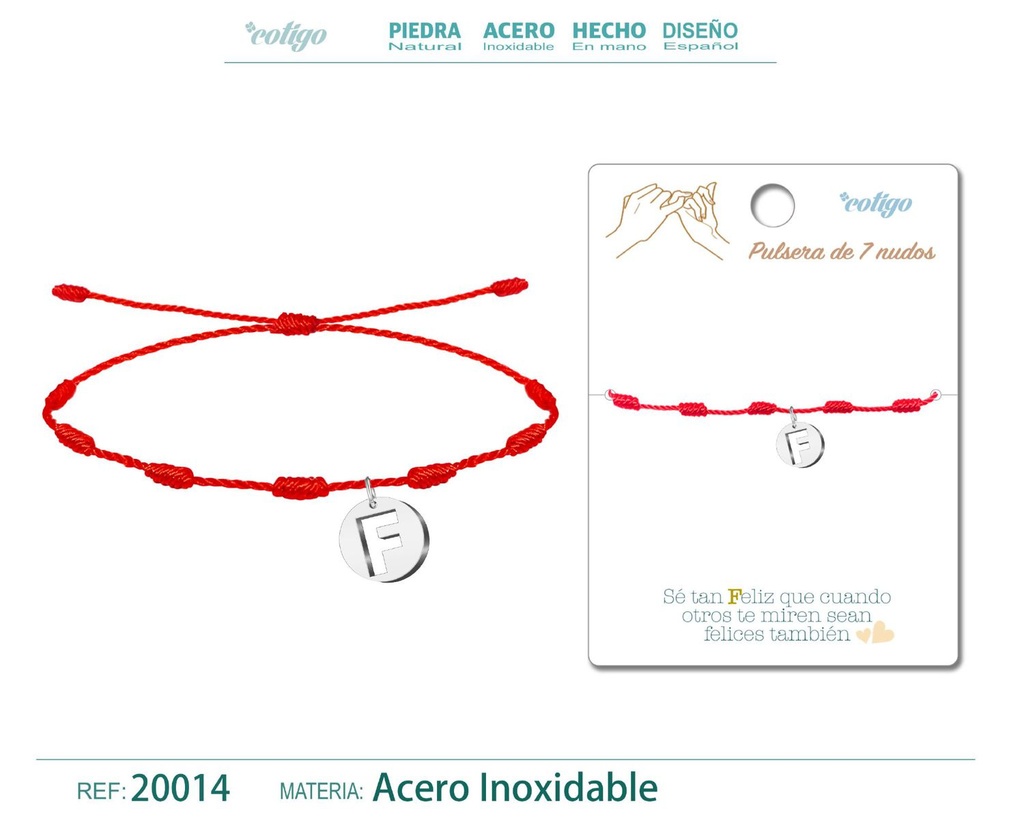Pulsera 7 nudos con letra F color plateado - Pulsera de nudos