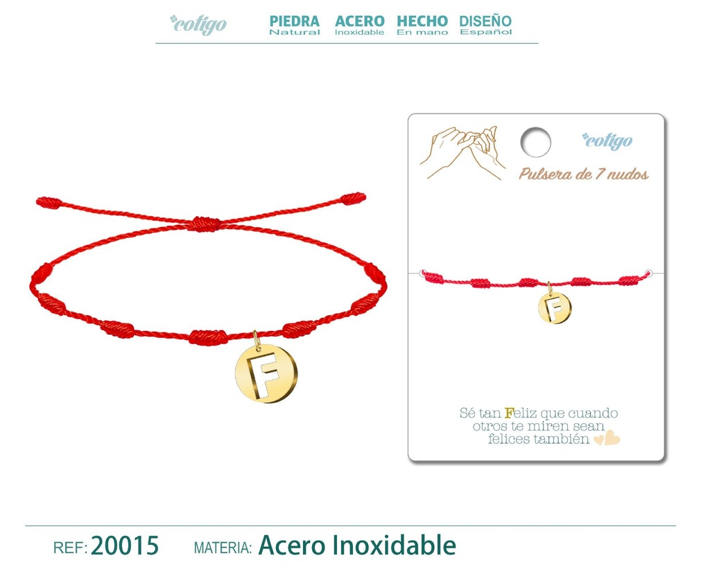 Pulsera de 7 nudos con letra F en color dorado - Joyería y accesorios