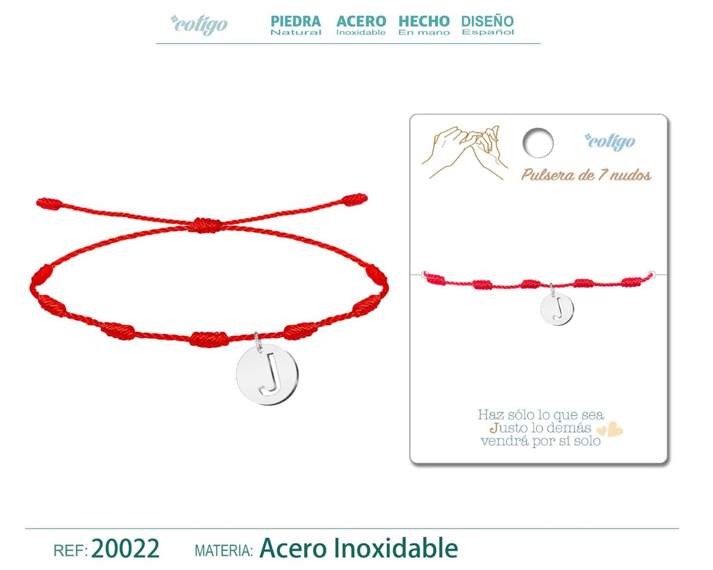 Pulsera 7 nudos con letra J color plateado - Pulsera de nudos